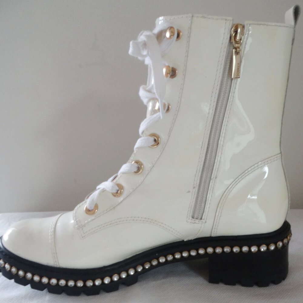 Schutz “Andorra” White Patent Leather Laced Up Combat Boots W/ Rhinestones US 9B - Picture 7 of 12